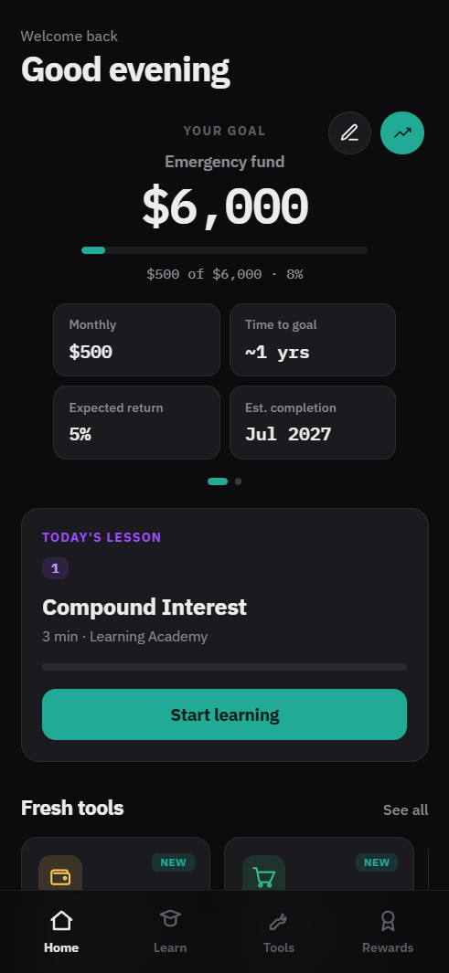 WealthVision app home screen: an Emergency fund goal, today's lesson, and the tools strip